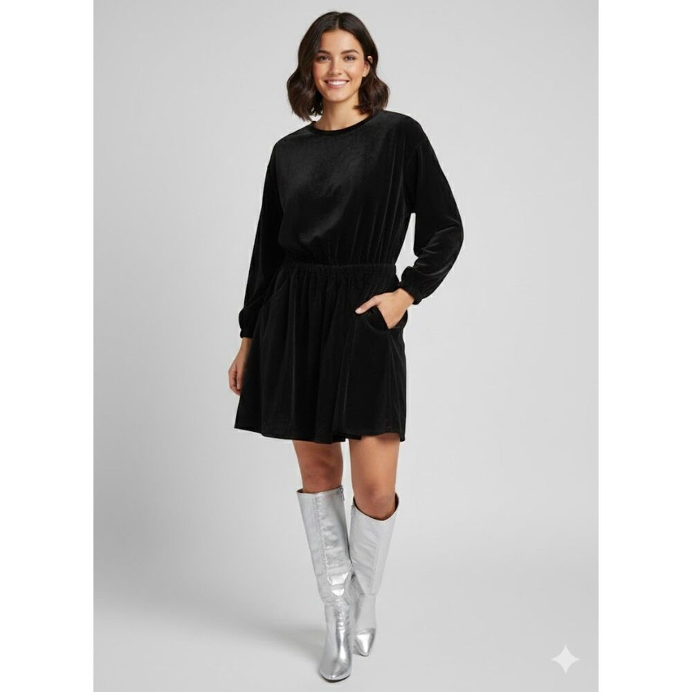 UNIVERSAL THREAD GOOD CO. BLACK MINI A-LINE VELVET DRESS POCKETS LONG SLEEVE NWT